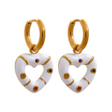 Pink Enamel Heart Drop Hoop Earrings Zircon Charm Jewelry