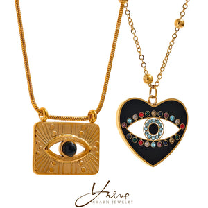 Geometric Square Heart Charm Eye Pendant Necklace Stainless Steel Jewelry