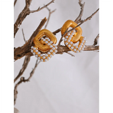 Vintage Square Stud Earrings Stainless Steel Golden Pearl CZ Jewelry