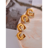 Vintage Square Stud Earrings Stainless Steel Golden Pearl CZ Jewelry