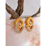Vintage Square Stud Earrings Stainless Steel Golden Pearl CZ Jewelry