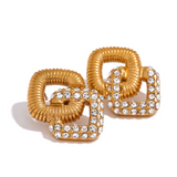 Vintage Square Stud Earrings Stainless Steel Golden Pearl CZ Jewelry