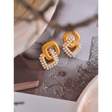 Vintage Square Stud Earrings Stainless Steel Golden Pearl CZ Jewelry