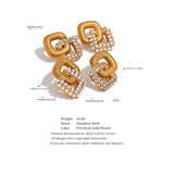 Vintage Square Stud Earrings Stainless Steel Golden Pearl CZ Jewelry