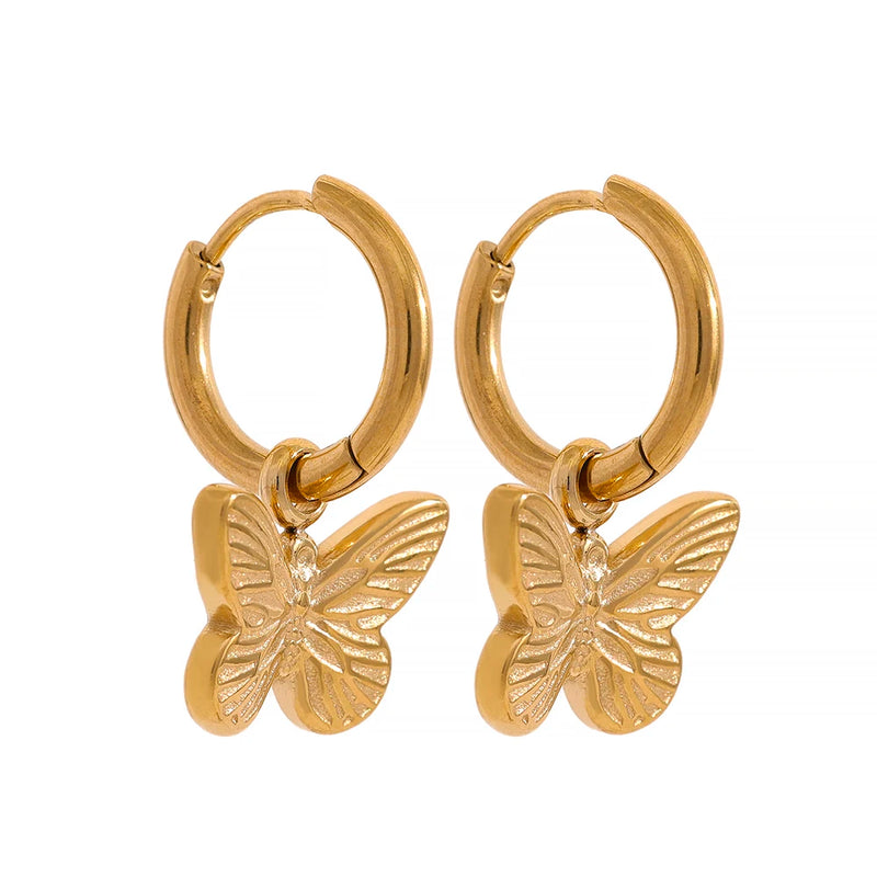 Golden Butterfly Dangle Hoop Earrings Stainless Steel Jewelry Women