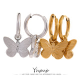 Golden Butterfly Dangle Hoop Earrings Stainless Steel Jewelry Women