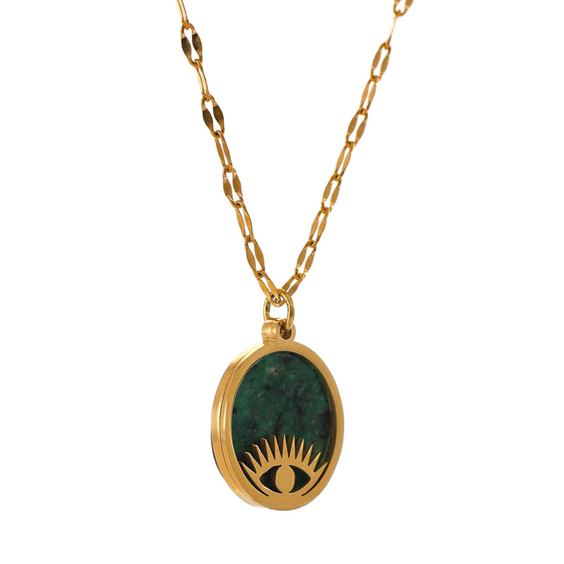 Green Stone Eye Pendant Necklace Stainless Steel Jewelry Gift
