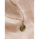 Green Stone Eye Pendant Necklace Stainless Steel Jewelry Gift