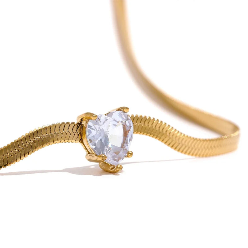 Heart CZ Snake Chain Stainless Necklace Golden Waterproof Charm