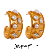 Stainless Steel Zircon Pearl C Shape Earrings