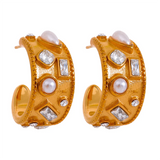 Stainless Steel Zircon Pearl C Shape Earrings