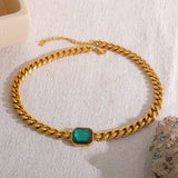 Green Crystal Thick Cuban Chain Stainless Steel Necklace