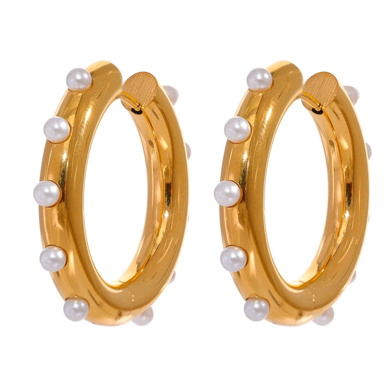Pearls Round Huggie Earrings Stainless Steel Metal Unusual Earrings