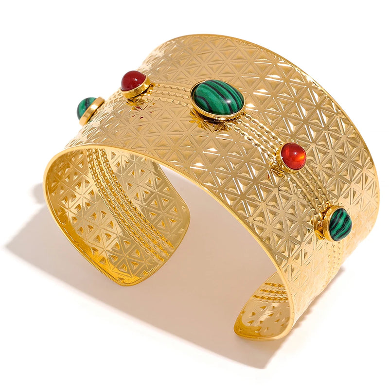 Individuality Natural Stone Stainless Steel Open Wide Bangle Bracelet