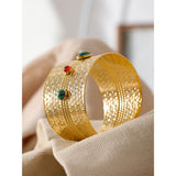 Individuality Natural Stone Stainless Steel Open Wide Bangle Bracelet