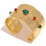 Individuality Natural Stone Stainless Steel Open Wide Bangle Bracelet