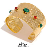 Individuality Natural Stone Stainless Steel Open Wide Bangle Bracelet