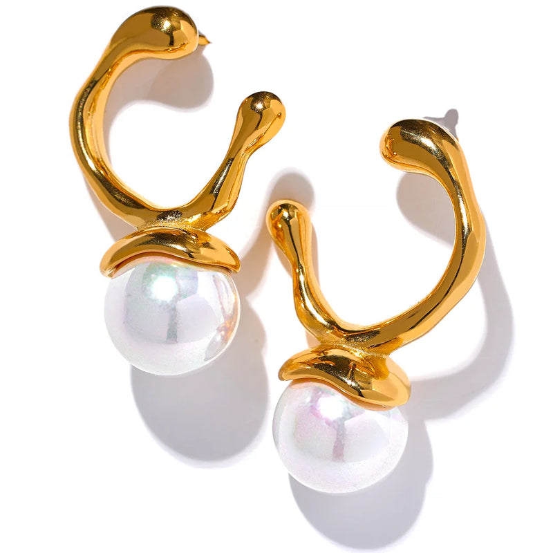 Shell Pearl Stainless Steel Golden Stud Earrings Texture Jewelry Women Gift