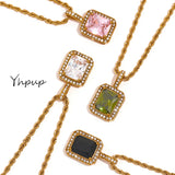 CZ Pendant Necklace Stainless Steel Rope Chain Square Collar