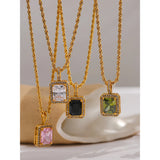 CZ Pendant Necklace Stainless Steel Rope Chain Square Collar