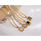 CZ Pendant Necklace Stainless Steel Rope Chain Square Collar