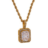 CZ Pendant Necklace Stainless Steel Rope Chain Square Collar