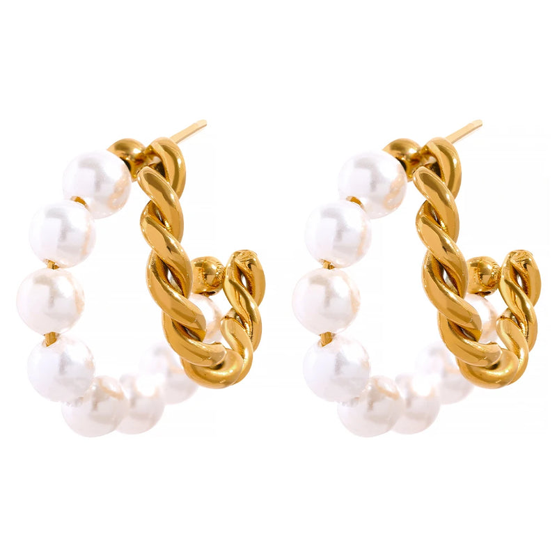 Twisted Texture Pearls Stainless Steel Hoop Earrings
