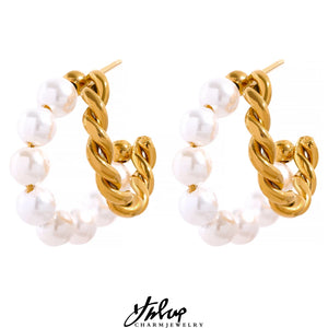 Twisted Texture Pearls Stainless Steel Hoop Earrings