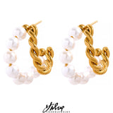 Twisted Texture Pearls Stainless Steel Hoop Earrings