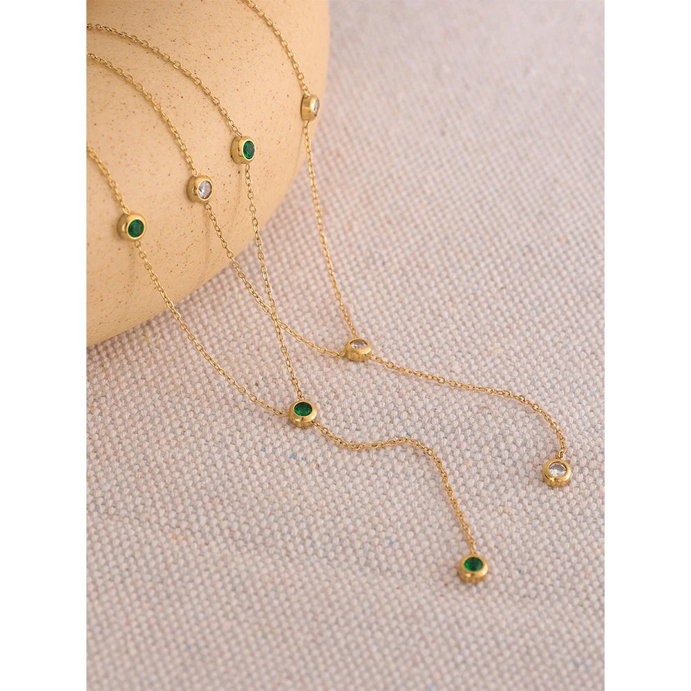 Minimalist CZ Thin Chain Bib Necklace Stainless Steel
