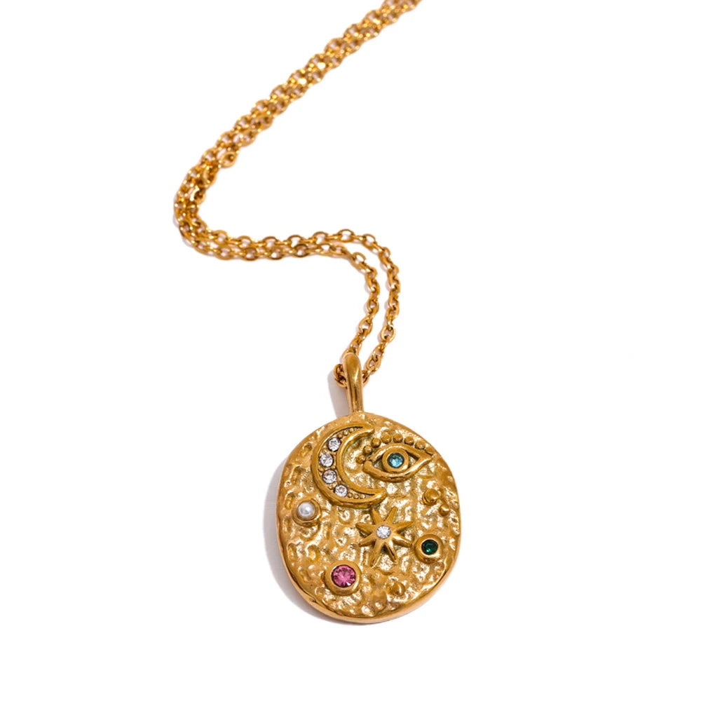 Moon Star Eye Oval Stainless Steel Mysterious Necklace Zircon