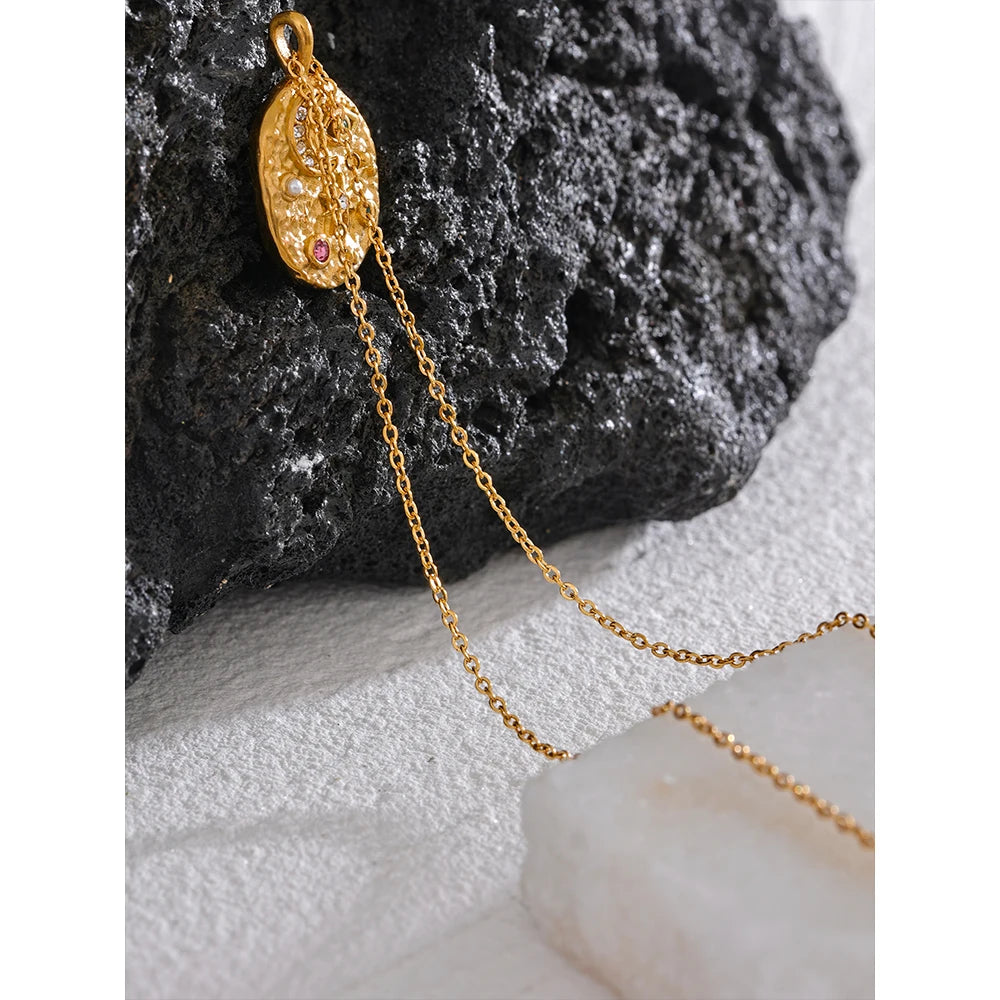 Moon Star Eye Oval Stainless Steel Mysterious Necklace Zircon