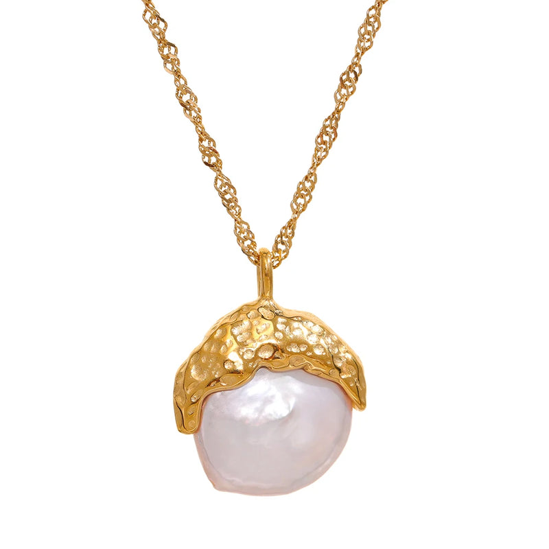 Baroque Pearls Pendant Necklace Stainless Steel Fish Tail Collar Necklace
