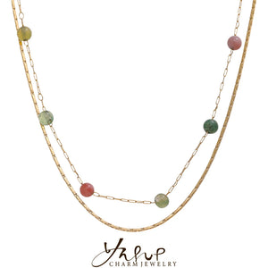 Natural Stone Double Chain Stainless Steel Necklace Charm Bohemia Jewelry
