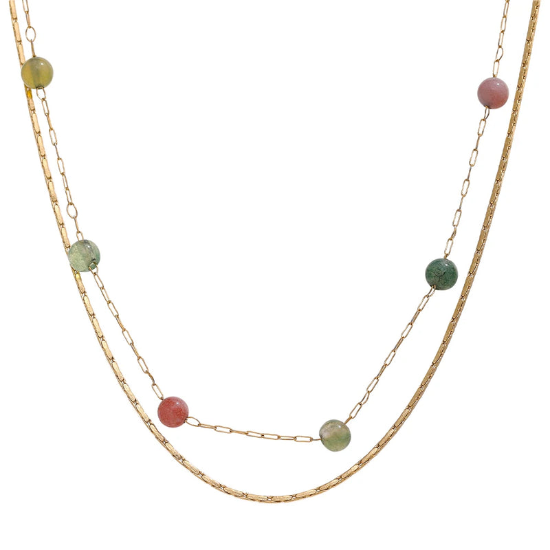 Natural Stone Double Chain Stainless Steel Necklace Charm Bohemia Jewelry
