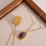 Square Pendant Stainless Steel Necklace Amethyst Green Aventurine
