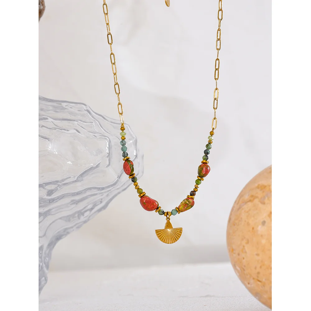 Green Stone Beads Pendant Necklace Stainless Steel Jewelry