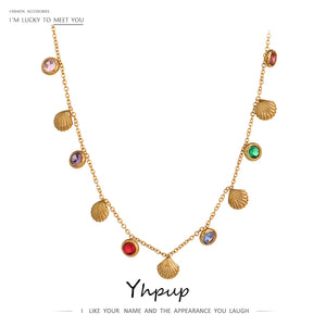 Colorful CZ Chain Necklace Stainless Steel Collar Jewelry for Women