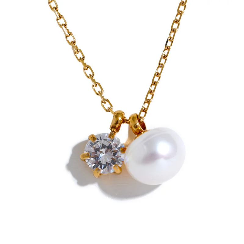 Stainless Steel CZ Pearl Pendant Necklace Jewelry Gift