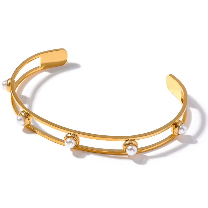 Pearls 18K Stainless Steel Cuff Bracelet Bangle Waterproof Jewelry