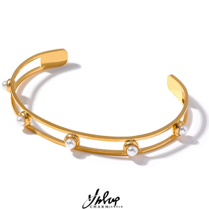 Pearls 18K Stainless Steel Cuff Bracelet Bangle Waterproof Jewelry