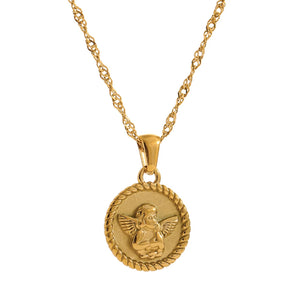 Stainless Steel Angel Pendant Necklace 18K Plated Round Charm Collar Jewelry