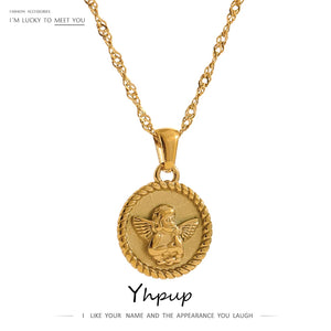 Stainless Steel Angel Pendant Necklace 18K Plated Round Charm Collar Jewelry