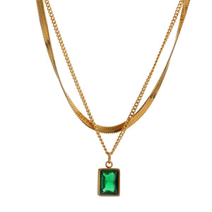 Stainless Steel CZ Pendant Necklace Charm Layered Snake Chain Jewelry