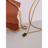Stainless Steel CZ Pendant Necklace Charm Layered Snake Chain Jewelry