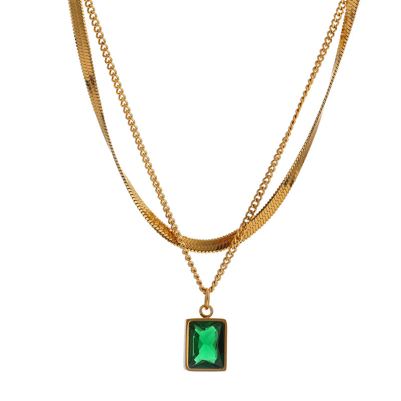 Stainless Steel CZ Pendant Necklace Charm Layered Snake Chain Jewelry
