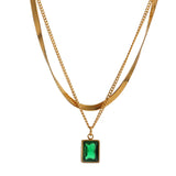 Stainless Steel CZ Pendant Necklace Charm Layered Snake Chain Jewelry