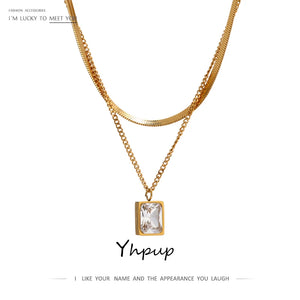 Stainless Steel CZ Pendant Necklace Charm Layered Snake Chain Jewelry