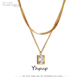 Stainless Steel CZ Pendant Necklace Charm Layered Snake Chain Jewelry
