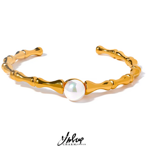 Stainless Steel Bamboo Cuff Bracelet Bangle Shell Pearl Texture